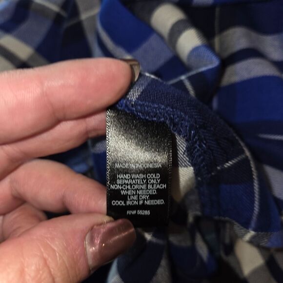 Express Boyfriend Blue Plaid Tab-Sleeve Button-Up Blouse, Size Small - Picture 8 of 8